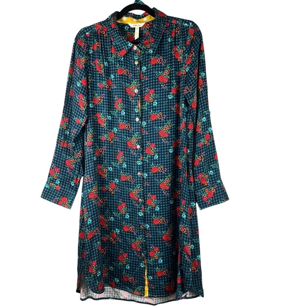 Matilda Jane Womens Dress Small Blue Fa La La Floral Gingham Plaid Shirt Dress